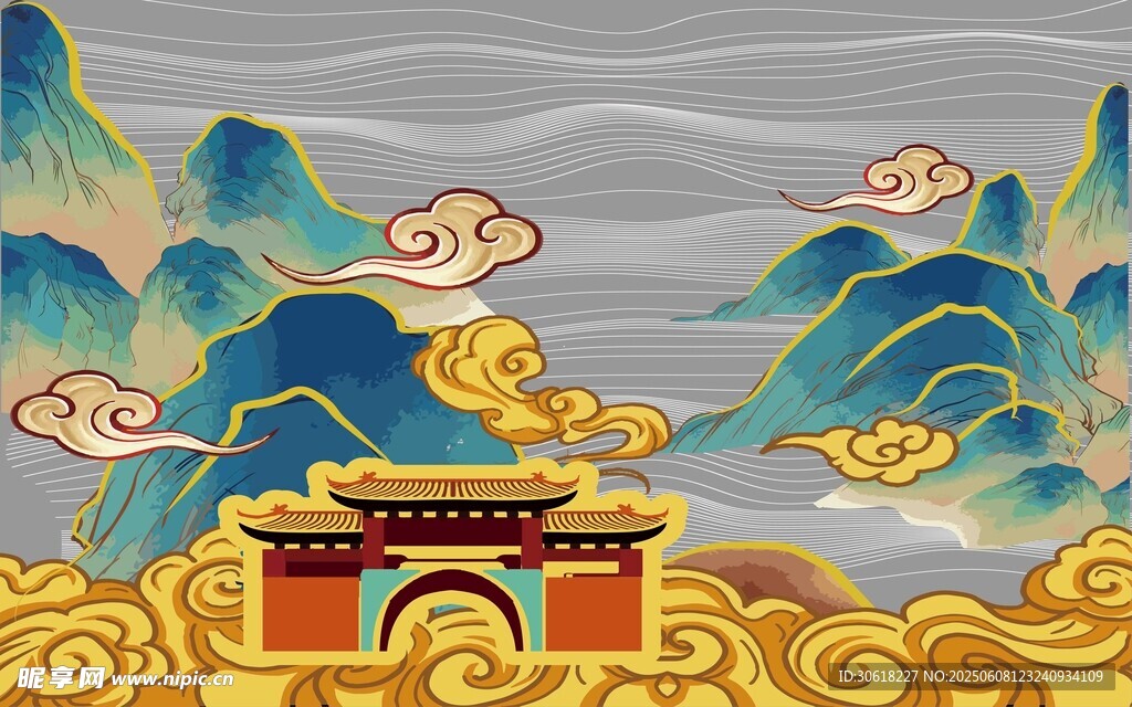 中式宫殿云海山川图景