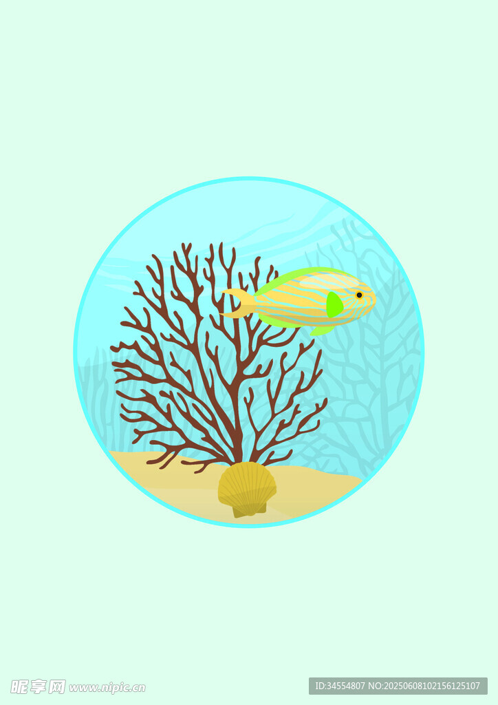 圆形框中的海底珊瑚与鱼
