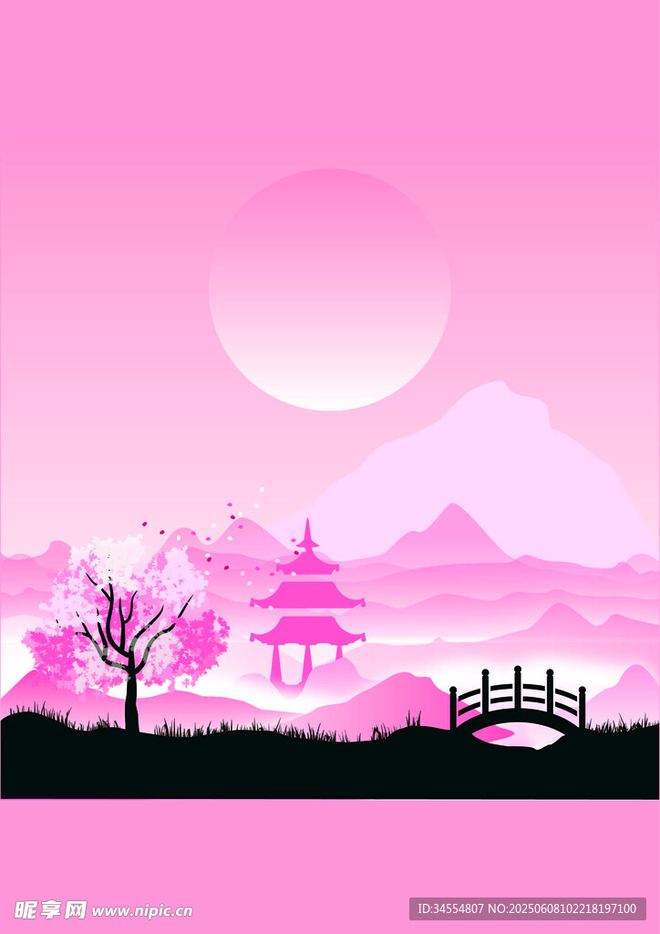 粉色梦幻古风山水图景