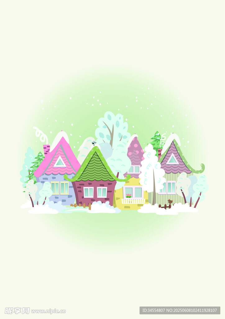 童话风彩色小屋雪景图