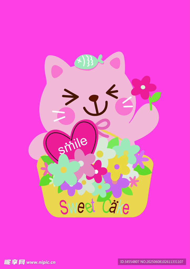 可爱猫咪与多彩花朵组合