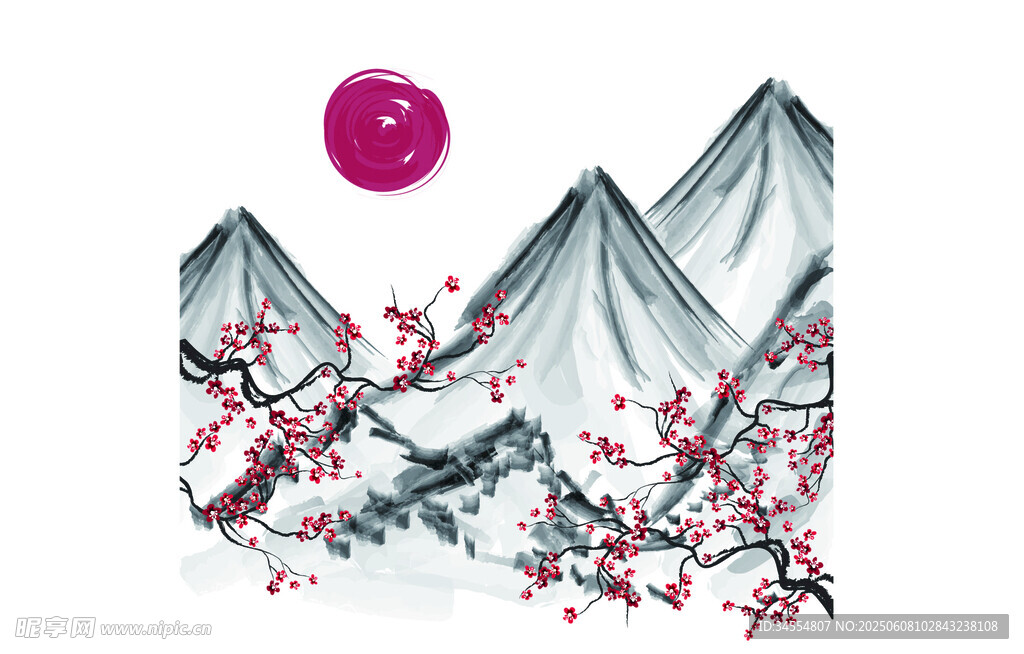 水墨山水间的烂漫花枝