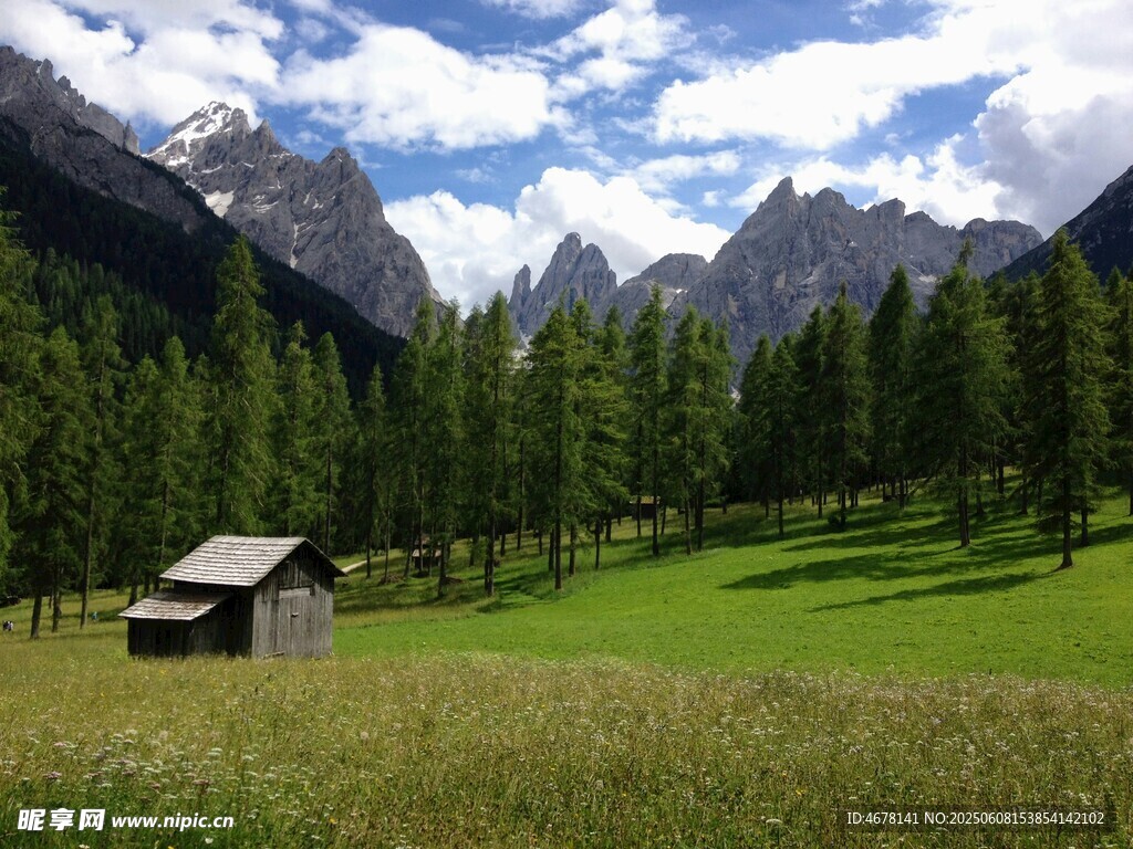 山间草地中的静谧小屋