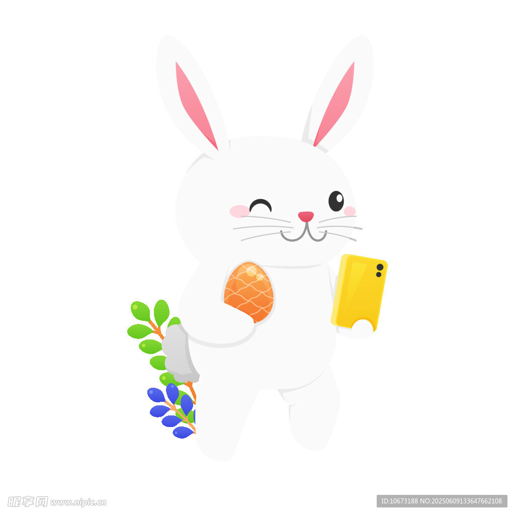 可爱白兔手持蔬果与手机