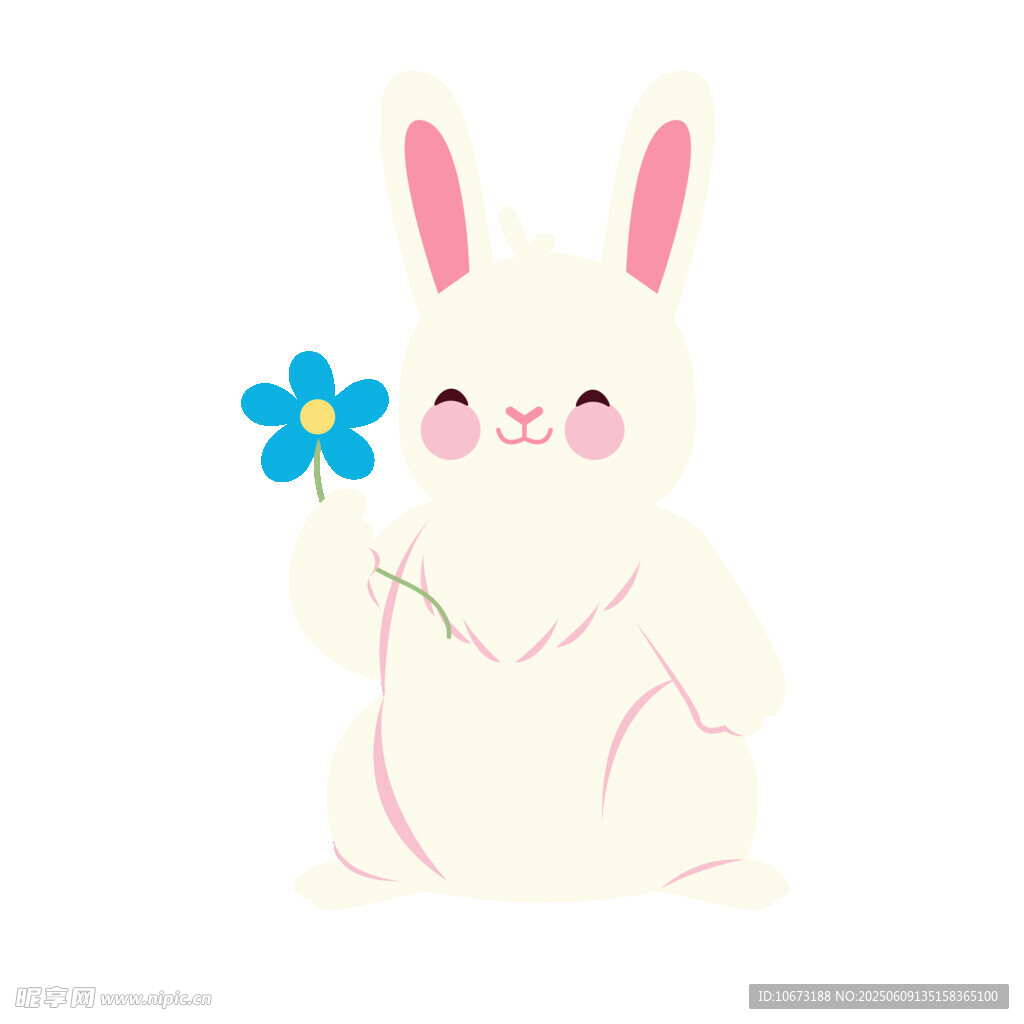 可爱白兔手持蓝色小花