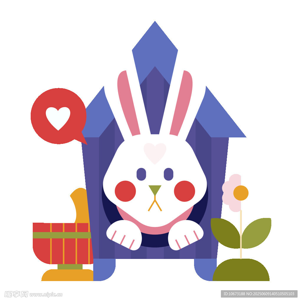 可爱小兔在蓝色小屋探头