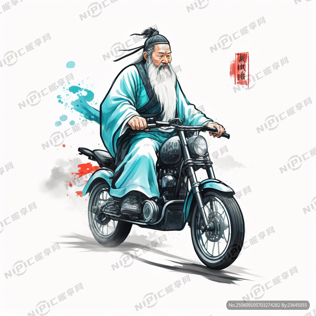 孔子骑摩托车行驶的矢量图