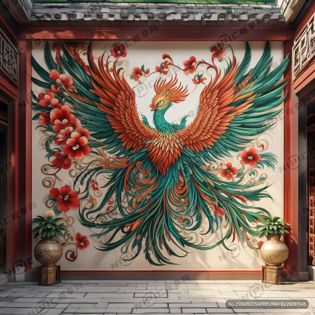 房子室外墙面画一副3D的畲族凤