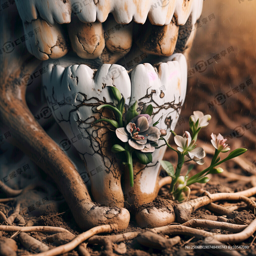 一颗牙齿从底部开始生根发芽长花
