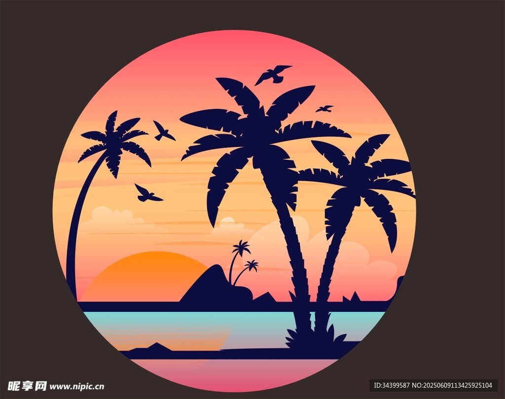 热带海滨日落美景剪影