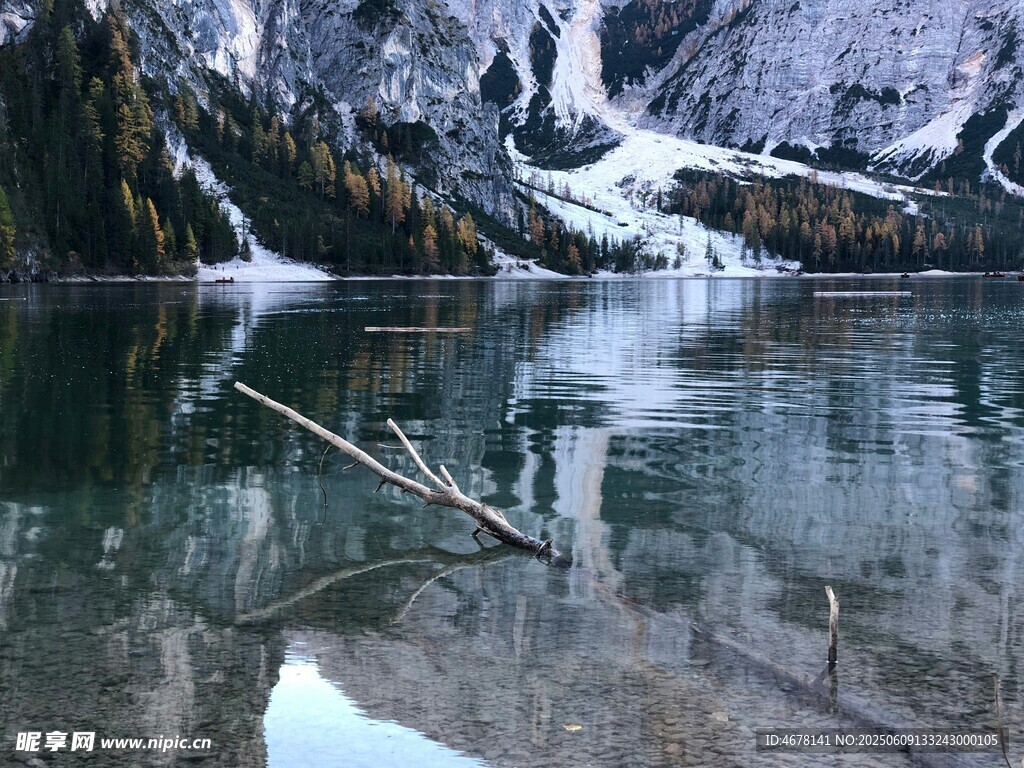 山间静谧湖水与残枝倒影