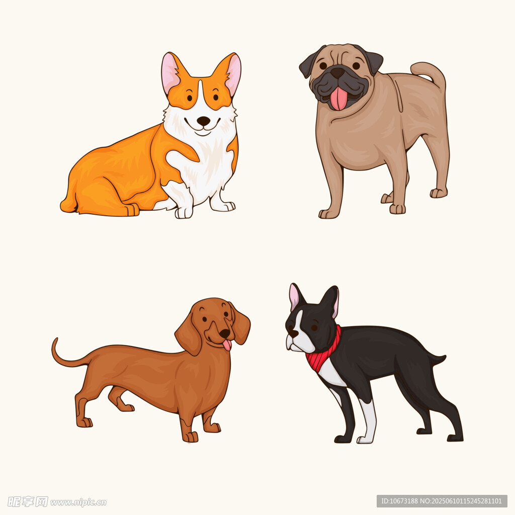四只可爱小狗插画