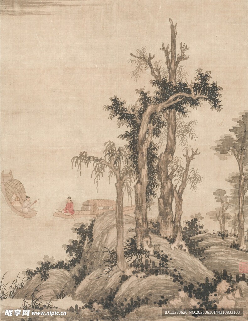 水墨山水古松图