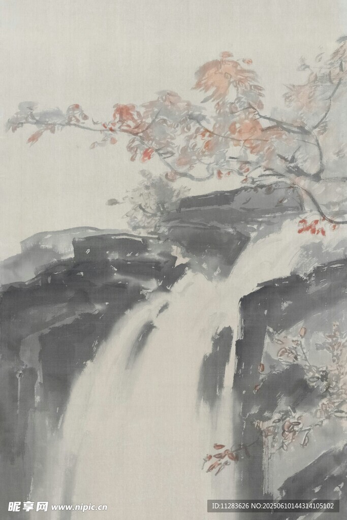 水墨山水瀑布花卉图