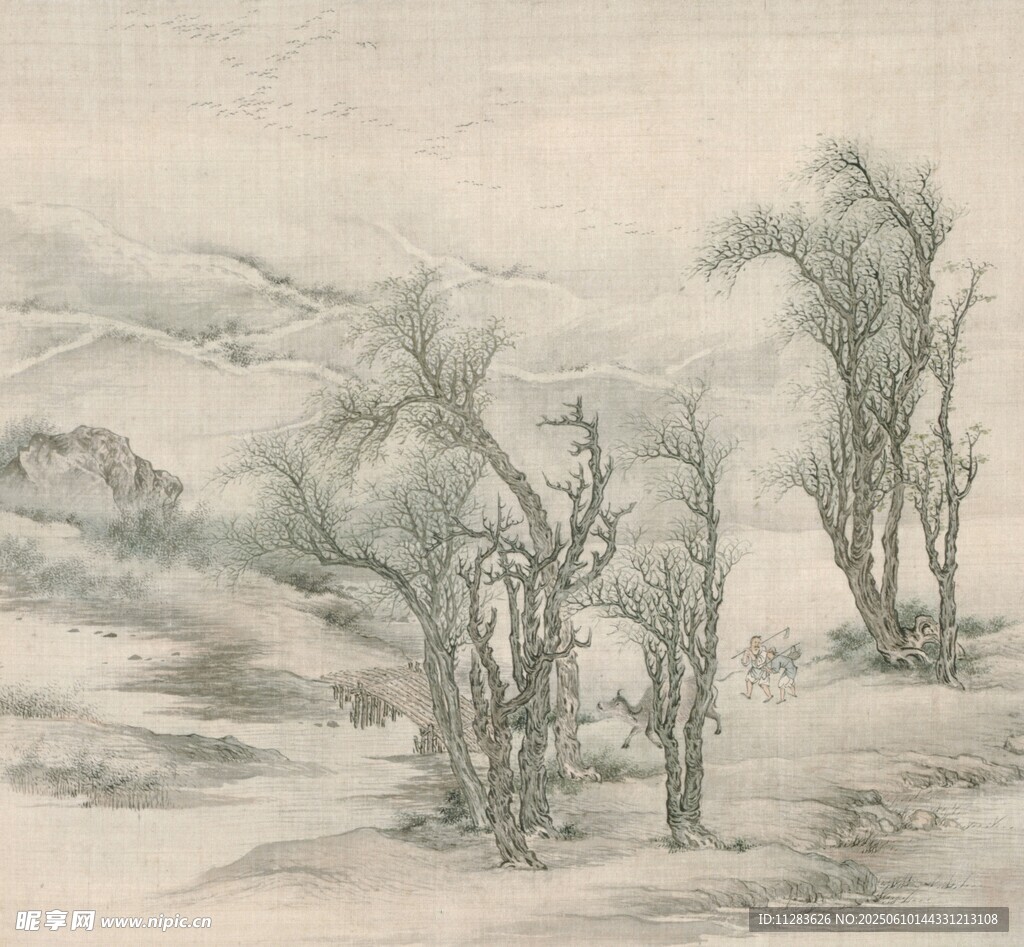 水墨山水枯树雪景图