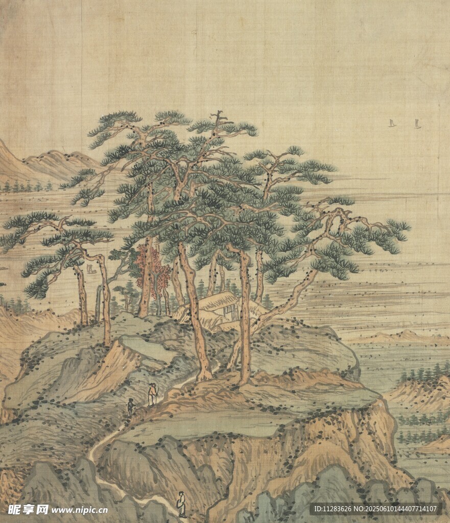 古意山水间的葱郁树木