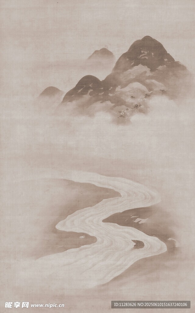 水墨山水间的蜿蜒溪流