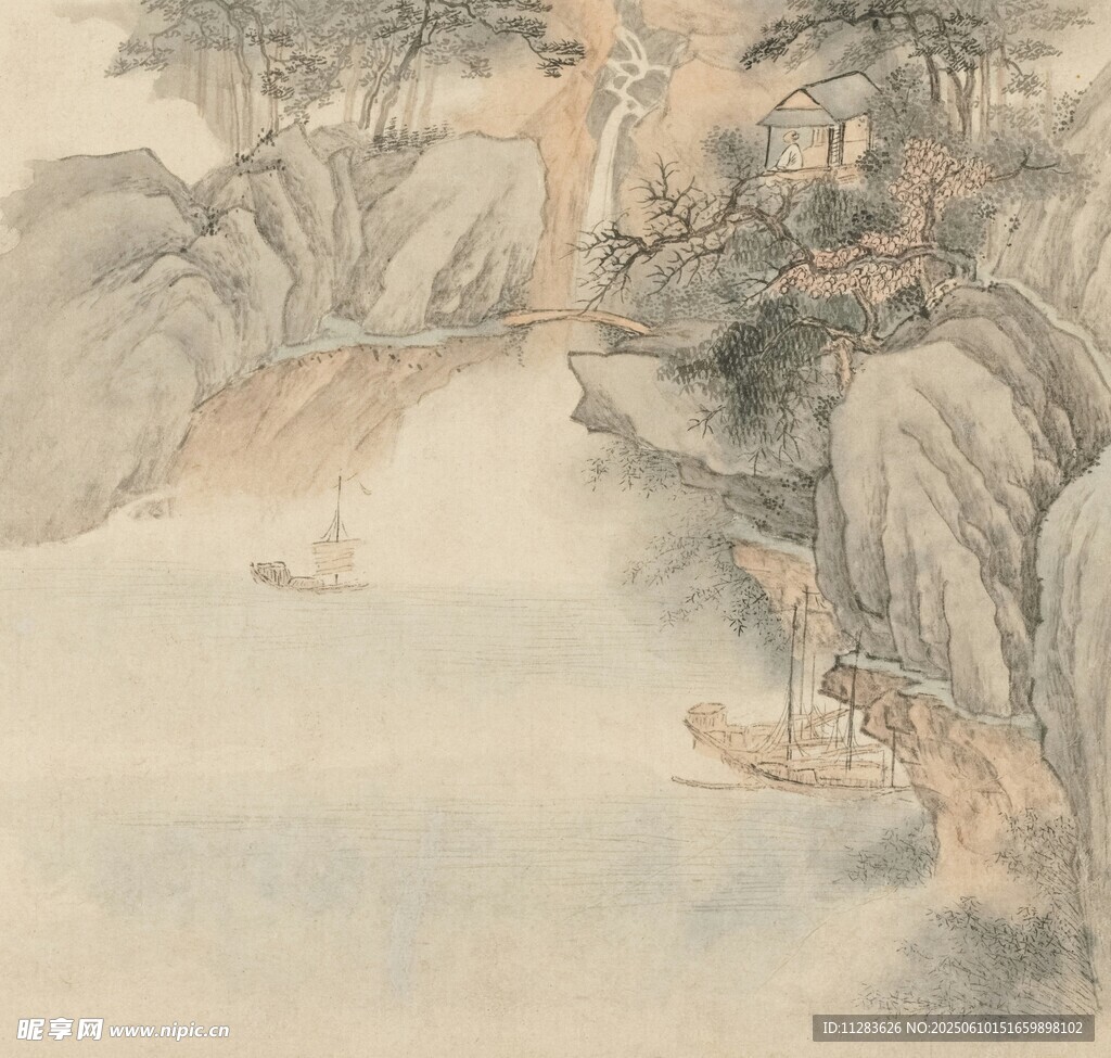 水墨山水间的孤舟之景