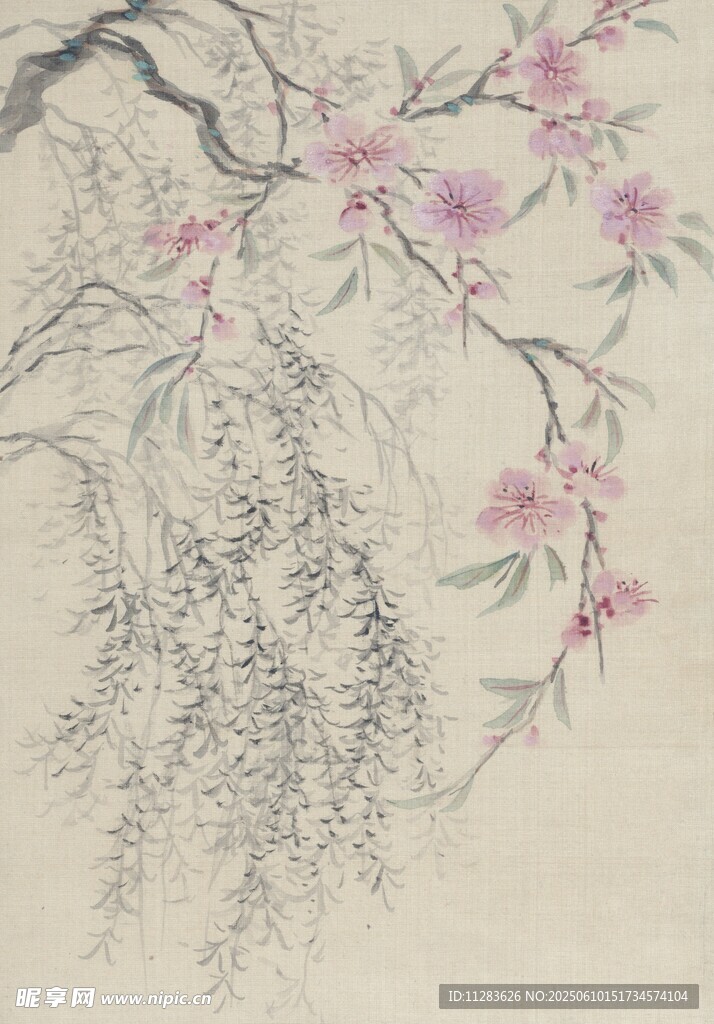 水墨桃花垂柳图