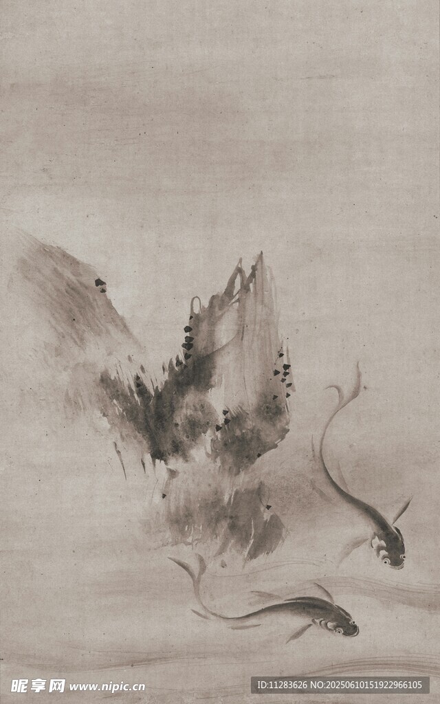 水墨飞鸟与游鱼图