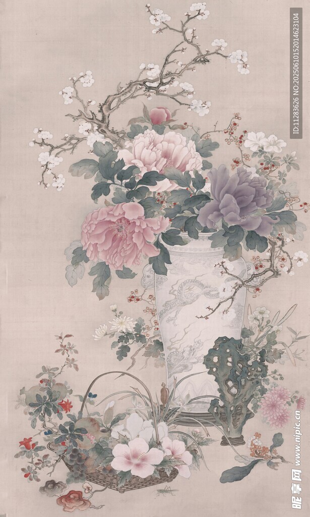 中式花卉瓷瓶绘画