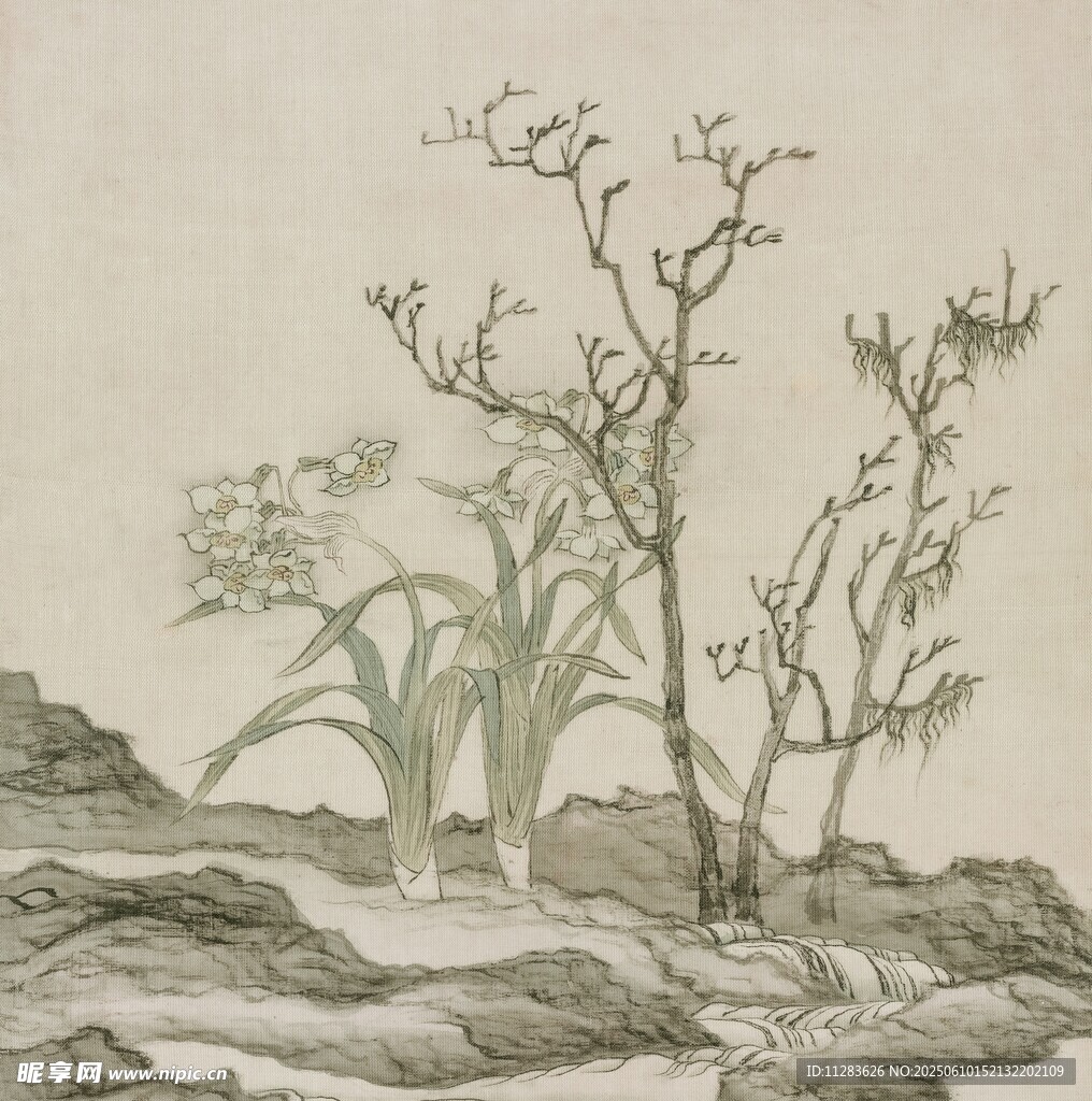 水墨绘就的花草山石图景