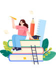 女孩在书堆上畅享学习时光
