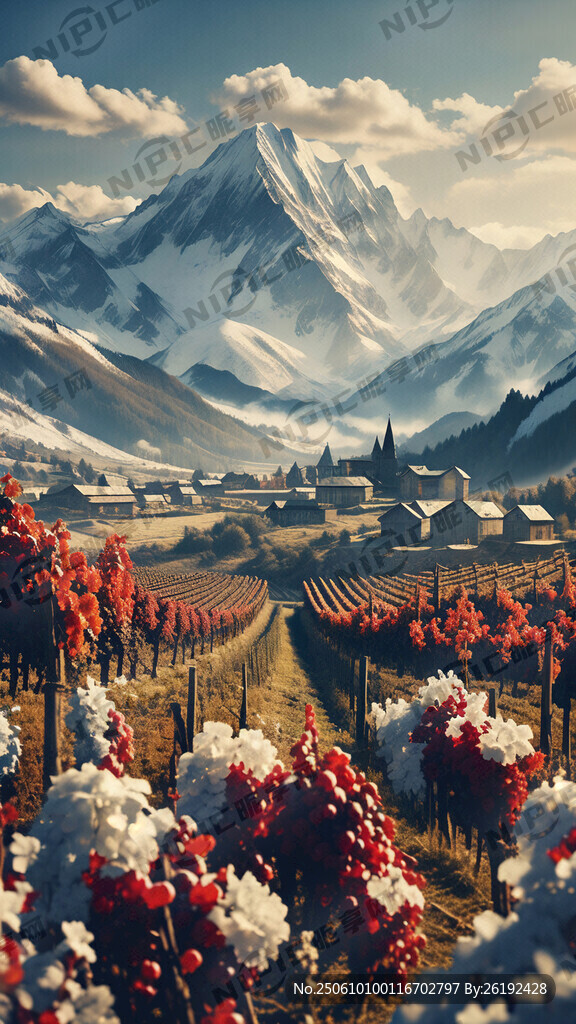 远处雪山近处葡萄园