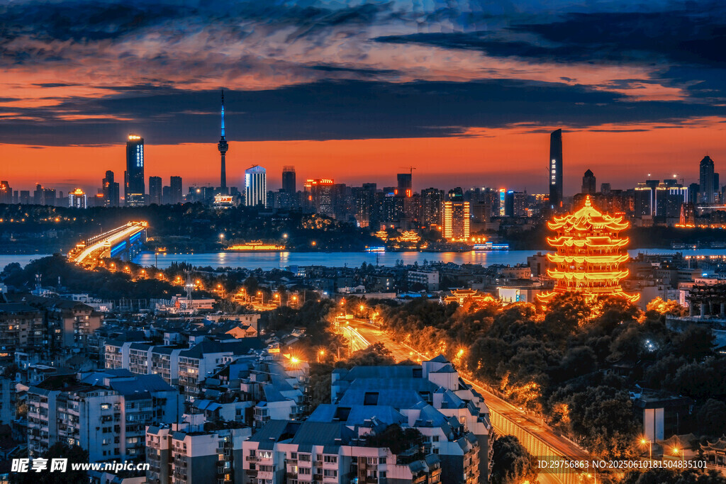武汉城市夜景与黄鹤楼风光