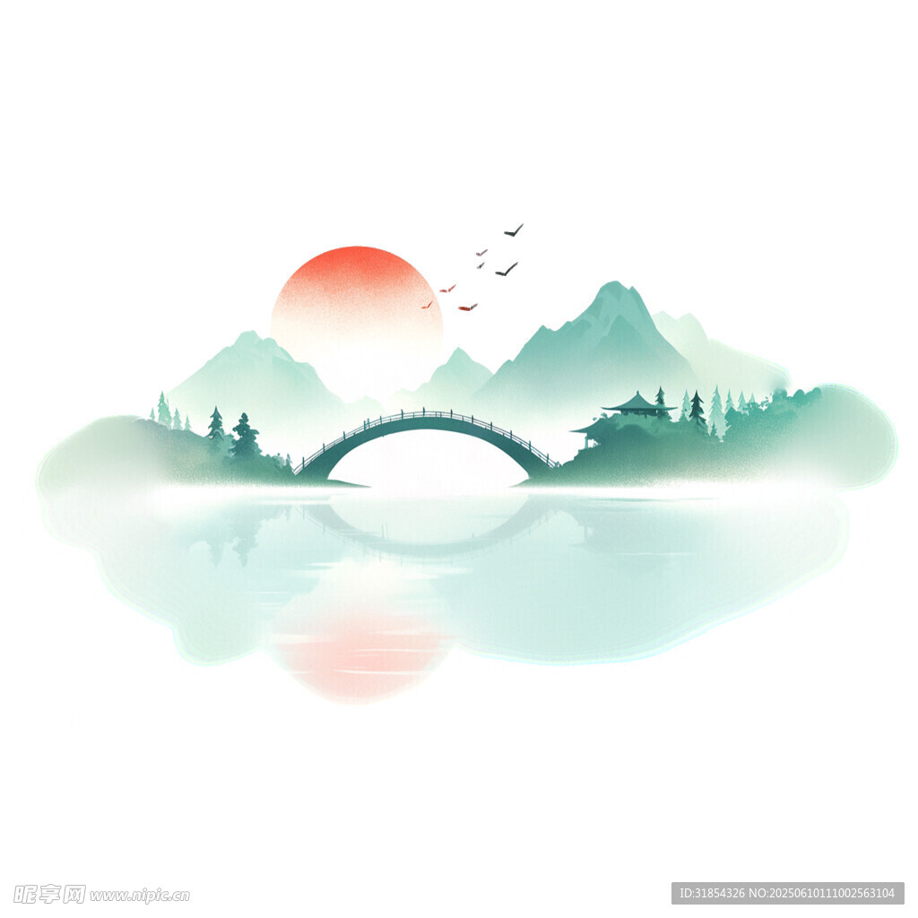 清明节国风春天水墨青山水元素