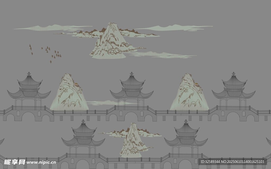 中式山水古建筑风景图