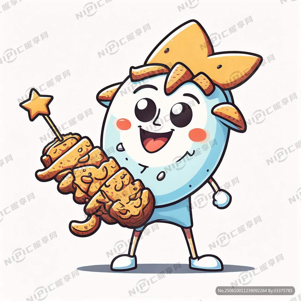 生成一个卡通星星人物手拿烤串的