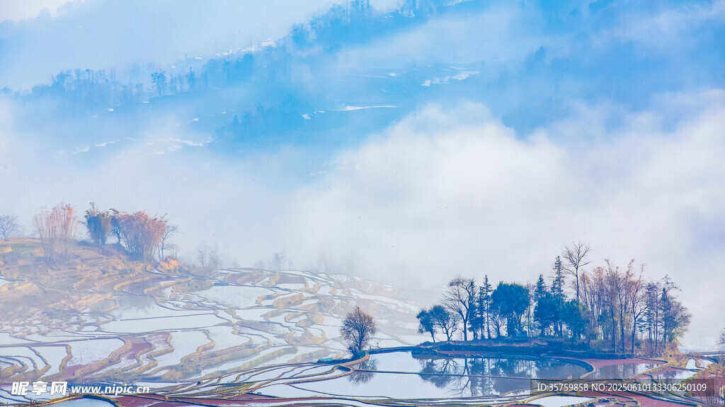 冬日雾霭中的静谧山村