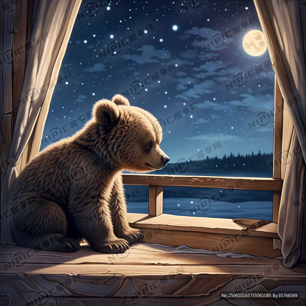 小熊趴窗台看夜空