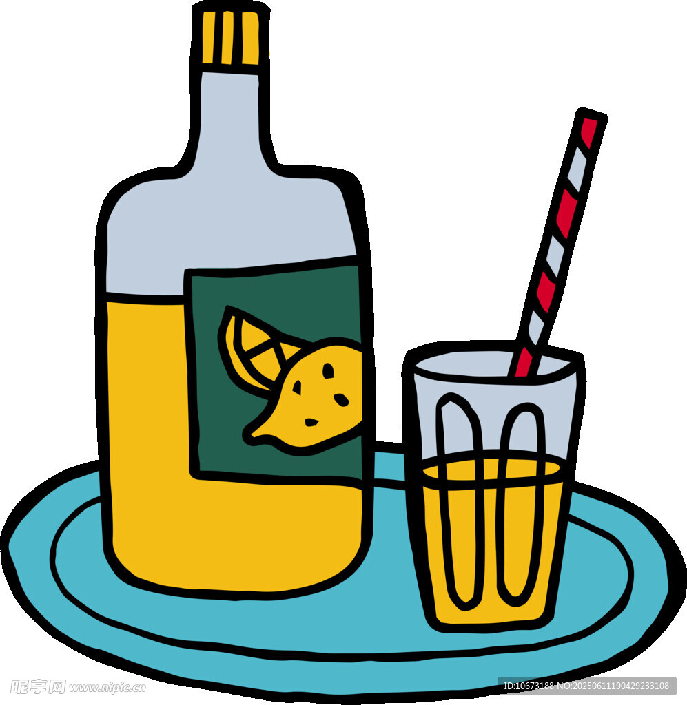 柠檬味饮品与酒瓶插画
