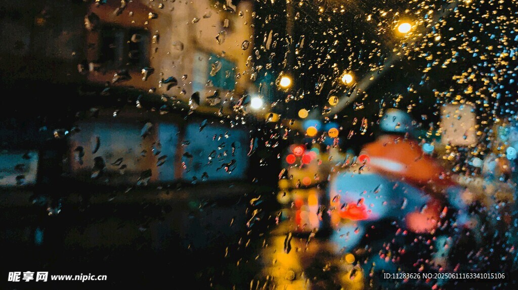 雨中玻璃外的夜景