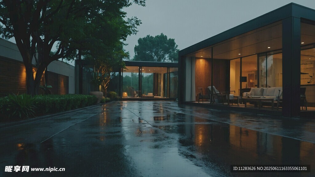 雨后静谧的现代庭院景观
