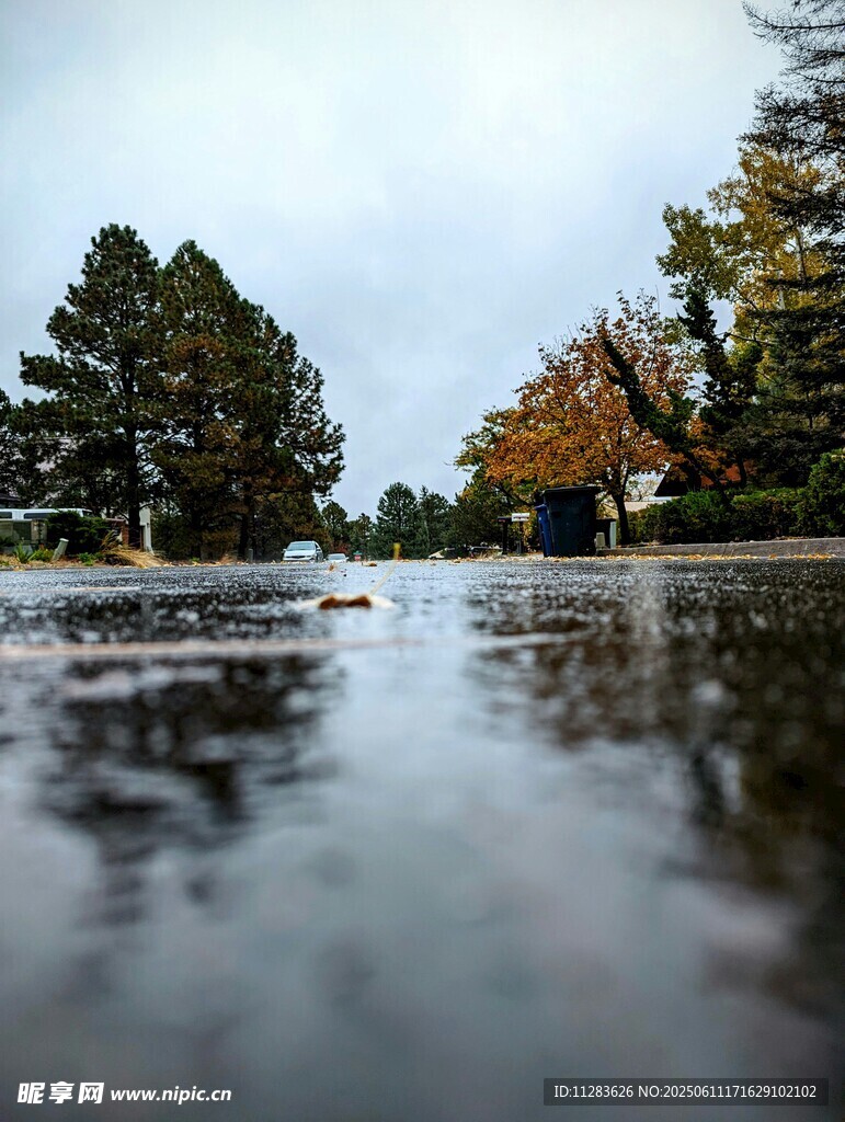 雨后积水映景的静谧道路
