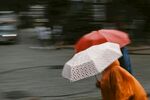 雨中行人撑伞漫步街头