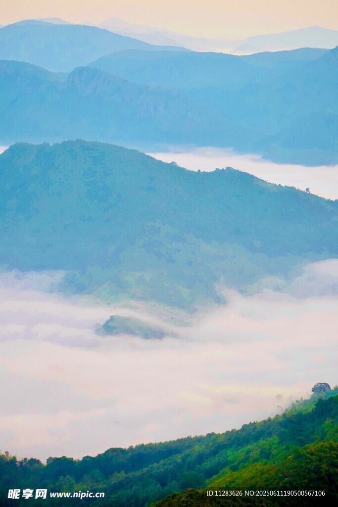 山间晨雾缭绕的壮美景色