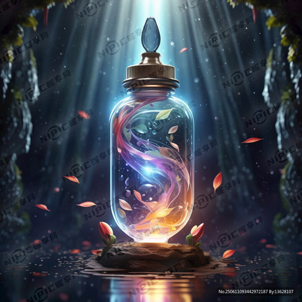 3D精华瓶悬浮于中央 微光环绕