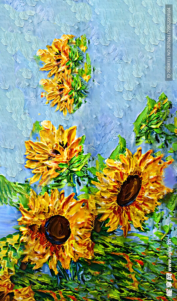 蓝色背景下的向日葵画作