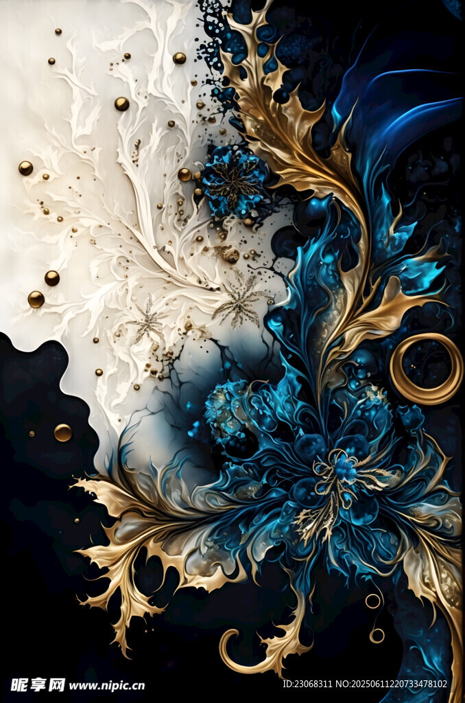 蓝白黑金华丽花卉图案