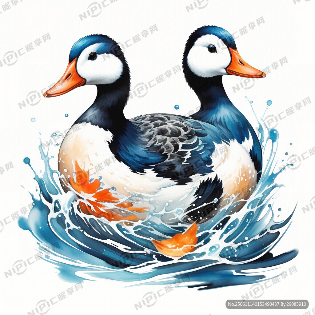 国风 手绘 海鸭 插画