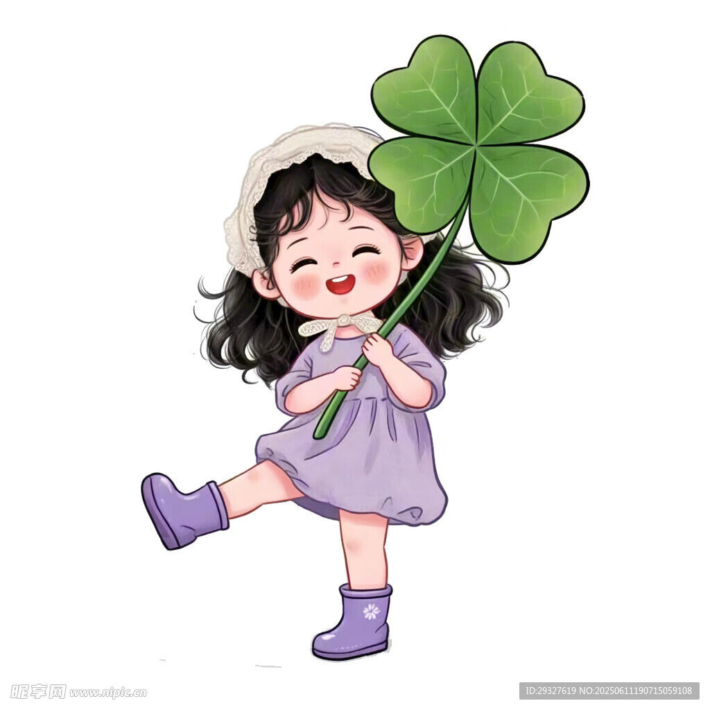 手持四叶草的快乐小女孩