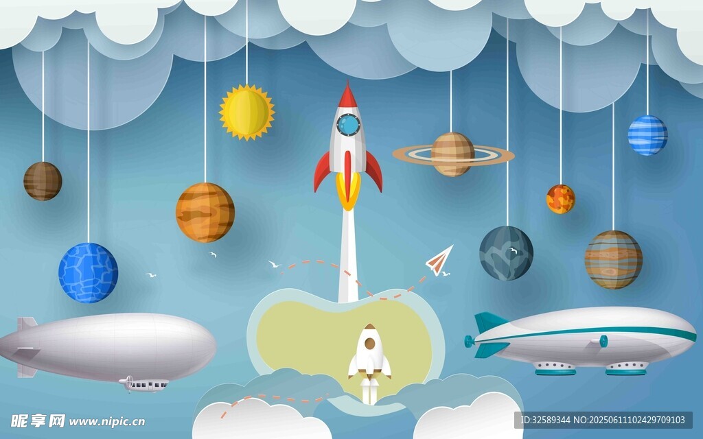 梦幻太空主题儿童插画场景