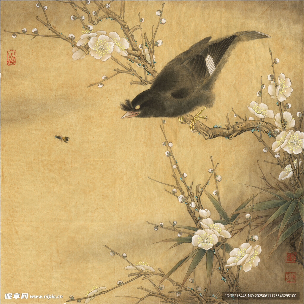 花鸟图中飞鸟栖于花枝