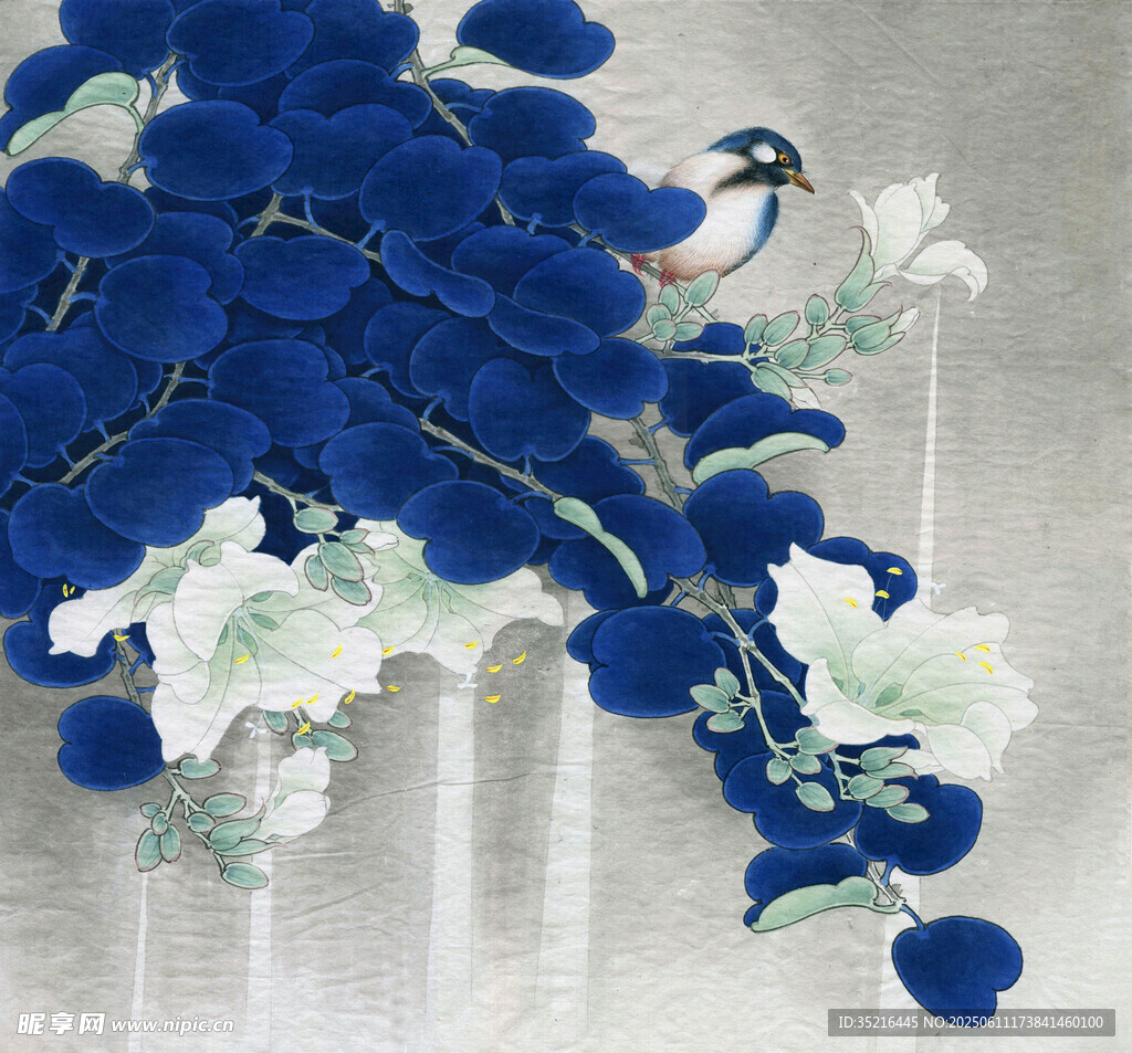 蓝花翠鸟中式水墨图景