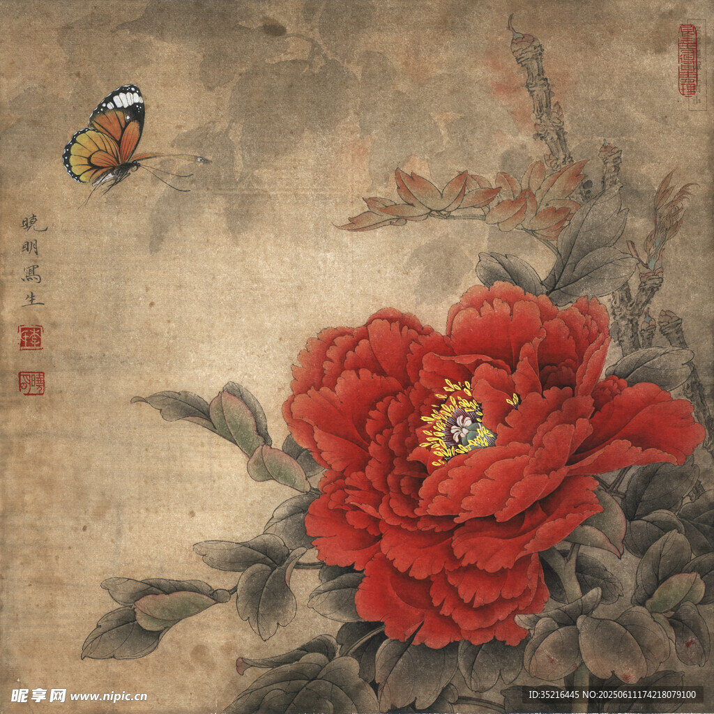 国画牡丹旁的灵动蝴蝶