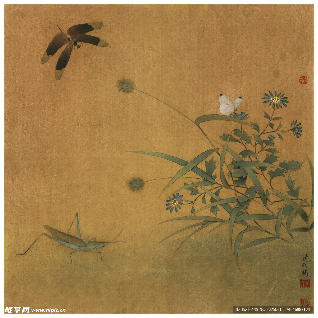 古画中的蜻蜓与花草
